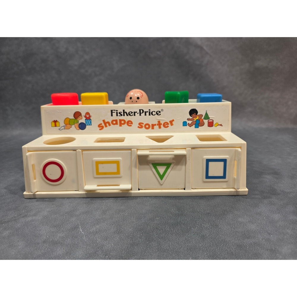 Vintage 1974 Fisher-Price Shape Sorter 412 White Plastic Toy with 4 Shapes & Man